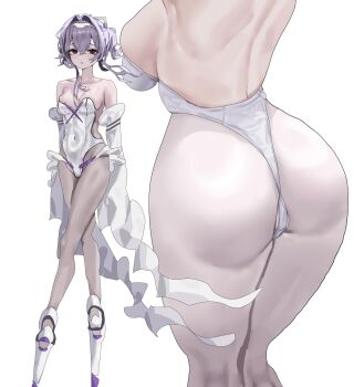 1girl absurdres ass ass_focus bare_shoulders bodysuit breasts detached_sleeves from_behind goddess_of_victory:_nikke hair_intakes hairband high_heels highres huge_ass large_breasts leotard liberalio_(nikke) looking_at_viewer multiple_views pantyhose purple_hair red_eyes sawy short_hair_with_long_locks sideboob solo
