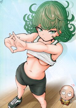 1girl absurdres arms_up bald bike_shorts black_shorts curly_hair green_eyes green_hair highres interlocked_fingers kaschmatz looking_at_another looking_at_viewer mini_person miniboy one-punch_man outstretched_arms saitama_(one-punch_man) shoes shorts sneakers sports_bra sportswear stretching tatsumaki white_sports_bra