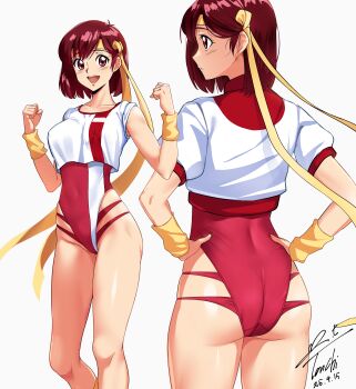 Rule 34 | 1girl, absurdres, ass, clenched hands, commentary request, commission, dated, feet out of frame, from behind, hairband, hands on own hips, hands up, headband, highleg, highleg leotard, highres, leotard, looking at viewer, multiple views, open mouth, pixiv commission, puffy short sleeves, puffy sleeves, red eyes, red hair, red leotard, shirt, short hair, short sleeves, signature, simple background, sleeves rolled up, smile, standing, takaya noriko, teeth, thighs, top wo nerae!, top wo nerae! (series), upper teeth only, white background, white shirt, yellow headband, yoo tenchi