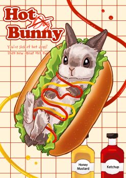 absurdres animal animal_focus bread food highres honto_pic hot_dog_bun in_food ketchup ketchup_bottle lettuce mustard mustard_bottle no_humans original rabbit