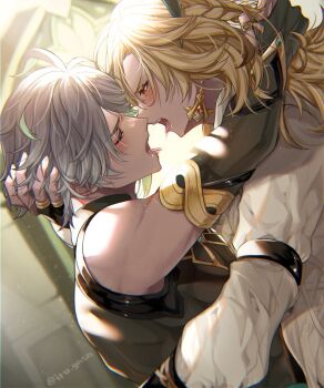 2boys after_kiss alhaitham_(genshin_impact) antenna_hair artist_name black_gloves black_shirt blonde_hair blurry blurry_background blush braid closed_eyes commentary_request dutch_angle earrings elbow_gloves feather_hair_ornament feathers genshin_impact gloves gold_earrings gold_trim grabbing_another&#039;s_hair green_hair grey_hair hair_between_eyes hair_ornament hand_on_another&#039;s_head highres holding_another&#039;s_hair hug indoors iru_gnsn jewelry kaveh_(genshin_impact) light_particles light_rays long_hair long_sleeves looking_at_another male_focus multicolored_hair multiple_boys open_mouth parted_bangs profile red_eyes saliva saliva_trail shirt short_hair sleeveless sleeveless_shirt stained_glass swept_bangs tongue tongue_out twitter_username upper_body white_shirt window yaoi