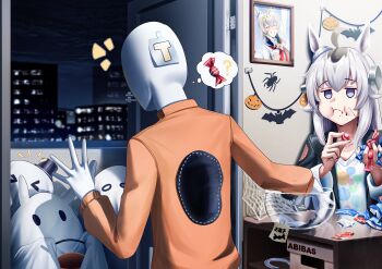 1boy 1girl 3others absurdres ahoge animal_ears bat_(animal) bat_ornament black_jacket blue_eyes bolt_(hardware) bowl bug candy cheek_bulge cosplay ear_ornament eating food frankenstein&#039;s_monster frankenstein&#039;s_monster_(cosplay) ghost_costume glutton grey_hair hair_between_eyes halloween halloween_costume hat highres holding horse_ears horse_girl jack-o&#039;-lantern jack-o&#039;-lantern_ornament jacket long_hair long_sleeves manjo_(warito) mini_hat mini_top_hat multicolored_hair multiple_others night night_sky object_through_head oguri_cap_(umamusume) open_clothes open_door open_jacket orange_shirt photo_(object) picture_frame pumpkin screw_in_head sheet_ghost shirt sky speech_bubble spider spider_ornament stitches t-head_trainer_(umamusume) thought_bubble top_hat trainer_(umamusume) trick-or-treating trick_or_treat umamusume white_shirt