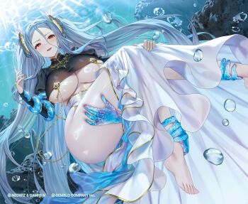 1girl absurdres barefoot black_shrug breasts brown_dust_(series) brown_dust_2 copyright_notice dress feet grey_hair half-dress hashtag-only_commentary highres large_breasts long_hair long_sidelocks looking_at_viewer morpeah_(brown_dust) official_art open_mouth red_eyes ruhee shrug_(clothing) sidelocks smile solo thick_thighs thighs underboob underwater very_long_hair white_dress