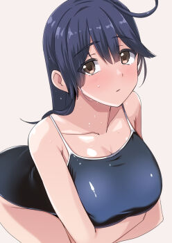 1girl ahoge black_hair blush breasts brown_eyes cleavage collarbone commentary competition_school_swimsuit cowboy_shot crossed_arms highres kantai_collection large_breasts long_hair looking_at_viewer school_swimsuit solo swimsuit tirasi_(so) ushio_(kancolle) wet wet_clothes wet_swimsuit