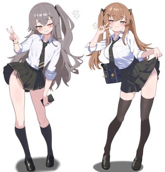 2girls absurdres alternate_costume bag bag_charm black_bag black_bow black_nails black_necktie black_shoes black_skirt black_socks black_thighhighs blush bow breast_pocket breasts bright_pupils brown_eyes brown_hair cellphone charm_(object) clothes_lift collared_shirt dress_shirt drop_shadow fingernails full_body girls&#039;_frontline girls&#039;_frontline_2:_exilium grey_hair gyaru hair_bow hair_ornament hairpin half-closed_eyes hand_up highres holding holding_phone kneehighs kogal korean_commentary large_breasts lenna_(girls&#039;_frontline_2) leva_(girls&#039;_frontline_2) lifting_own_clothes loafers long_hair long_sidelocks looking_at_viewer miniskirt multiple_girls multiple_hairpins nail_polish necktie oldsickkim one_side_up parted_lips partially_unzipped phone pleated_skirt pocket satchel scar scar_across_eye scar_on_face school_bag school_uniform seductive_smile shadow shirt shirt_tucked_in shoes siblings side-tie_peek sidelocks simple_background sisters skindentation skirt skirt_lift sleeves_rolled_up smartphone smile socks standing taut_clothes taut_shirt tented_shirt thighhighs thighs three-quarter_sleeves tie_clip twintails ump45_(girls&#039;_frontline) ump9_(girls&#039;_frontline) v very_long_hair white_background white_pupils white_shirt wing_collar yellow_nails zettai_ryouiki