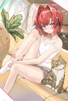 Rule 34 | 1girl, :o, ange katrina, ange katrina (loungewear), bare arms, bare legs, bare shoulders, ben-day dots, blue eyes, blush, brown cat, camisole, cat, collarbone, commentary request, couch, dutch angle, foot out of frame, grey shorts, hair intakes, head tilt, highres, holding own leg, indoors, knee up, koutauros420915, looking at viewer, medium hair, nail polish, nijisanji, nose blush, open mouth, pink nails, red hair, screentones, shorts, sitting, socks, solo, sparkle, strap slip, twitter username, virtual youtuber, white camisole, white socks