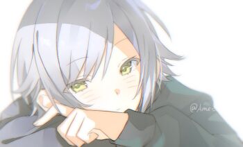 1girl ame_yuu_02 closed_mouth commentary crossed_arms green_eyes green_jacket grey_hair hair_between_eyes head_rest hinomori_shiho jacket light_blush long_sleeves looking_at_viewer portrait project_sekai short_hair sidelocks simple_background solo symbol-only_commentary twitter_username white_background