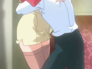 00s 1girl 2005 age_difference animated animated_gif anime_screenshot bare_shoulders belt between_breasts bible_black bible_black_new_testament blonde_hair blue_eyes breasts brown_hair cleavage cross cross_earrings dress earrings face_between_breasts head_between_breasts hug jewelry kitami_reika large_breasts lips lipstick makeup neck_strap older_female_and_younger_male red_dress school_nurse_and_student school_uniform shin_bible_black short_hair skirt stroking_hair tagme thighhighs witch yamanishi_naoto