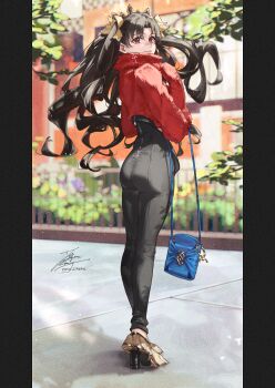 1girl ass bag black_hair black_pants blue_bag commentary crown fadingz fate/grand_order fate_(series) floating_hair from_behind full_body handbag high_collar high_heels ishtar_(fate) light_smile long_hair long_sleeves looking_to_the_side pants pillarboxed red_eyes red_sweater solo standing sweater twintails zipper