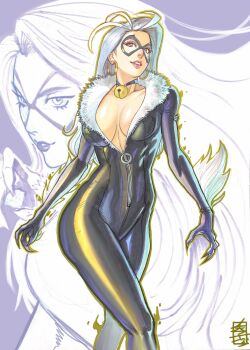 1girl acecore2k bell black_bodysuit black_cat_(marvel) bodysuit breasts cleavage commentary earrings english_commentary eyeshadow fur-trimmed_bodysuit gold_earrings grey_eyes highres hoop_earrings jewelry large_breasts long_hair looking_at_viewer makeup marker_(medium) marvel mask neck_bell open_mouth partially_unzipped pen_(medium) pink_lips pinup_(style) purple_eyeshadow smile solo spider-man_(series) traditional_media white_hair