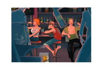 1girl 2boys 2others alcohol allout arm_up bar_(place) bar_stool bare_pectorals bare_shoulders beer_mug black_hair black_pants blue_shorts blush bone border bottle breasts collarbone collared_shirt crop_top cup denim denim_shorts food_in_mouth green_hair green_shirt hair_bun hair_up haramaki highres holding holding_cup jeans large_breasts looking_at_viewer midriff monkey_d._luffy mug multiple_boys multiple_others nami_(one_piece) one_piece open_clothes open_mouth open_shirt orange_hair pants pectorals people plate poster_(object) red_vest roronoa_zoro scar scar_on_chest shirt short_hair short_sleeves shorts shoulder_tattoo single_hair_bun sitting stool table tattoo vest white_border wine_bottle