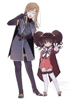 Rule 34 | 1boy, 1girl, absurdres, anise tatlin, bare shoulders, belt, black belt, black boots, black gloves, blue coat, blush, boots, brown eyes, brown hair, buttons, cape, closed eyes, closed mouth, clothing cutout, coat, double-breasted, dress, full body, glasses, gloves, hair ribbon, highres, jade curtiss, leaning to the side, long hair, looking at viewer, nancykittyu, open mouth, pink dress, ribbon, shoulder cutout, simple background, smile, standing, tales of (series), tales of the abyss, thigh boots, thighhighs, twintails, v, white background, white gloves, white thighhighs, yellow ribbon