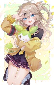 Rule 34 | > o, 1girl, :d, absurdres, arm up, black shirt, blue eyes, brown eyes, brown hair, brown shoes, cardigan, collared shirt, commentary request, confetti, dated, dress shirt, fang, fuyu (xxfylia), grey socks, hair between eyes, hair ornament, head tilt, highres, kasukabe tsumugi, knees together feet apart, loafers, long hair, long sleeves, one eye closed, one side up, open cardigan, open clothes, open mouth, pleated skirt, puffy long sleeves, puffy sleeves, purple skirt, school uniform, scrunchie, shirt, shoes, skirt, smile, socks, voiceroid, voicevox, wrist scrunchie, yellow cardigan, yellow scrunchie, zundamon