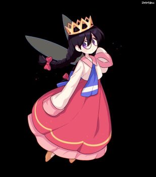 1girl artist_name bad_id bad_twitter_id black_background bow crown fairy fairy_wings glasses hair_bow kirby_(series) kirby_64 long_skirt nintendo oxo_xwo pink_skirt red_bow ripple_star_queen simple_background skirt sleeves_past_fingers sleeves_past_wrists wings
