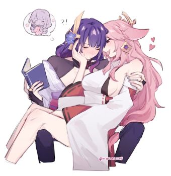 2girls animal_ears book breasts closed_eyes closed_mouth commentary detached_sleeves dress earrings fang flower fox_ears genshin_impact hair_flower hair_ornament hand_on_another&#039;s_face heart highres holding holding_book japanese_clothes jewelry kimono large_breasts long_hair mole mole_under_eye multiple_girls nonons open_mouth pink_hair purple_eyes purple_flower purple_hair purple_kimono raiden_shogun sideboob simple_background sitting sitting_on_lap sitting_on_person smile speech_bubble sweat thought_bubble white_background white_dress yae_miko yuri