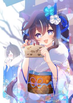2girls animal_ears blue_eyes blue_kimono blue_nails blue_ribbon blush brown_hair cheval_grand_(umamusume) closed_eyes commentary_request cup drinking ear_covers ema floral_print floral_print_kimono fur-trimmed_kimono fur_trim hair_between_eyes hair_ornament holding holding_cup holding_ema horse_ears horse_girl japanese_clothes kimono koruri long_hair looking_at_viewer mole mole_under_eye multicolored_hair multiple_girls obi open_mouth outdoors print_kimono ribbon sash single_ear_cover smile streaked_hair twintails umamusume vivlos_(umamusume) white_hair white_kimono