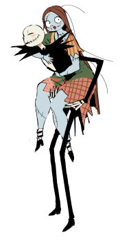 1boy 1girl absurdres colored_skin dress highres jack_skellington long_hair long_sleeves looking_at_viewer male_focus patchwork_skin red_hair sally_(nbc) skeleton smile stitched_face stitches the_nightmare_before_christmas ushimooshi