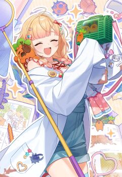 1girl arms_up binoculars blonde_hair blunt_bangs bow braid bug bug_cage butterfly_net closed_eyes coat cowboy_shot crayon denim_overalls dirty dirty_clothes fang frilled_shirt frills gradient_hair hair_bow hair_over_shoulder hand_net highres holding hololive insect lab_coat ladybug low_twin_braids momosuzu_nene momosuzu_nene_(7th_costume) multicolored_hair nekko_(momosuzu_nene) official_alternate_costume official_alternate_hairstyle open_mouth outline pink_hair plaid_clothes plaid_shirt red_bow red_shirt rhinoceros_beetle shirt skin_fang sleeves_past_fingers sleeves_past_wrists smile twin_braids two-tone_shirt uhuhu virtual_youtuber white_coat white_outline white_shirt