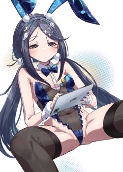 1girl absurdres animal_ears black_eyes black_hair black_thighhighs blue_bow blue_bowtie blue_nails blush bow bowtie buttons carrot_hair_ornament detached_sleeves exia_(hacker_rabbit)_(nikke) exia_(nikke) fake_animal_ears food-themed_hair_ornament fur_wrist_cuffs goddess_of_victory:_nikke hair_ornament highres holding holding_tablet_pc invisible_chair leotard long_hair low_twintails nail_polish parted_bangs playboy_bunny pom_pom_(clothes) pom_pom_hair_ornament pomita rabbit_ears rabbit_hair_ornament reclining see-through_clothes sitting strapless strapless_leotard tablet_pc thighhighs twintails very_long_hair white_background wrist_cuffs