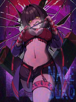 1girl absurdres bare_shoulders belt black_hair black_shorts blue_jacket blush breasts chaos_zero_nightmare chest_harness choker cleavage crazy_eyes crop_top harness highres holding jacket jewelry large_breasts midriff nadesukos naughty_face navel red_choker red_shirt shirt short_hair short_shorts shorts solo spiked_choker spiked_thigh_strap spikes stomach tears thigh_strap thighs tressa_(chaos_zero_nightmare) undressing