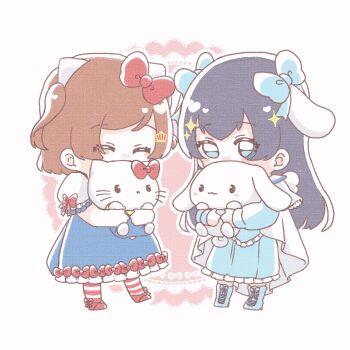 Rule 34 | 2girls, ^ ^, aijou karen, animal, animal ears, animal hug, black hair, blue boots, blue bow, blue dress, blue eyes, blue overalls, boots, bow, brown hair, canvas texture, cape, carrying, cat, cat ears, chibi, chibi only, cinnamoroll, closed eyes, commentary request, covered mouth, crossover, crown hair ornament, dog, dog ears, double-parted bangs, dress, dress bow, ear bow, facing another, fake animal ears, floppy ears, frilled dress, frills, full body, fuwa fuwa cinnamoroll, hair bow, hair ornament, heart, hello kitty, hello kitty (character), highres, hirake goma, holding, holding animal, holding cat, holding dog, kagura hikari, lace-up boots, long dress, long hair, long sleeves, looking at another, looking down, multiple girls, official alternate costume, outline, overalls, parted bangs, puffy short sleeves, puffy sleeves, red background, red bow, red shoes, red socks, sanrio, shoes, short hair, short sleeves, shoujo kageki revue starlight, sleeve bow, socks, sparkle hair ornament, standing, striped clothes, striped socks, two-tone background, two-tone dress, two side up, white cape, white dress, white outline, white socks