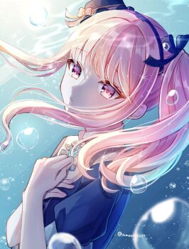 Rule 34 | 1other, air bubble, akiyama mizuki, ameshi0227, black hairband, black ribbon, blue dress, bow, bubble, commentary, dress, fingernails, hair ribbon, hairband, hands on own chest, hands up, hat, hat bow, highres, long hair, looking at viewer, other focus, parted lips, pink bow, pink eyes, pink hair, project sekai, puffy short sleeves, puffy sleeves, ribbon, short sleeves, side ponytail, sidelocks, solo, underwater, upper body