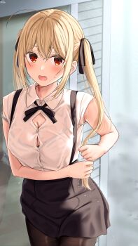 1girl ahoge armpit_crease armpits black_bow black_pantyhose black_ribbon black_skirt blonde_hair blonde_hair-chan_(ramchi) blush bow bra bra_visible_through_clothes bralines breasts button_gap cleavage crossed_bangs fang highres long_hair medium_breasts open_mouth original pantyhose ramchi red_eyes ribbon see-through_clothes shirt shirt_tucked_in skirt solo strap_slip striped_bra striped_clothes twintails underwear wet wet_clothes wet_shirt