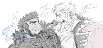 Rule 34 | 2boys, angry, bara, beard, black hair, blue fire, chinstrap beard, dark-skinned male, dark skin, eye contact, facial hair, facial scar, fire, flying sweatdrops, forked eyebrows, from side, frown, highres, kresnik (housamo), looking at another, looking at viewer, male focus, mature male, mestses, multiple boys, profile, sandayu (housamo), scar, scar on cheek, scar on face, sketch, smirk, spot color, thick eyebrows, tokyo houkago summoners, upper body