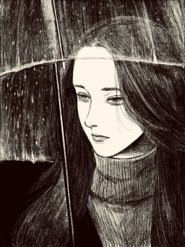 1girl black_background black_hair greyscale highres holding holding_umbrella long_hair looking_to_the_side monochrome original portrait solo tp_p_pt transparent transparent_umbrella turtleneck umbrella