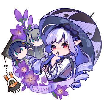 1boy 2girls arms_up bangboo_(zenless_zone_zero) belle_(zenless_zone_zero) black_nails black_shirt blue_hair blue_jacket bow bowtie breast_curtains character_name chibi commentary_request drill_hair eous_(zenless_zone_zero) flower from_side green_eyes grey_hair hair_between_eyes hair_ornament hairband hand_on_own_face highres holding holding_umbrella jacket jewelry letter_hair_ornament long_hair looking_at_viewer mole mole_under_eye multiple_girls necklace pointy_ears purple_bow purple_bowtie purple_flower purple_hair purple_hairband purple_umbrella shirt short_hair shrug_(clothing) sideboob_cutout simple_background smile umbrella vivian_banshee white_background white_shrug wise_(zenless_zone_zero) yemuzi zenless_zone_zero