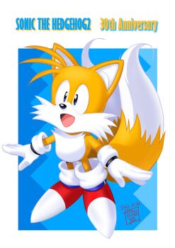 1boy animal_ears anniversary artist_name black_eyes body_fur classic_tails commentary_request copyright_name dated fox_boy fox_ears fox_tail full_body furry furry_male gloves highres judy_totoya looking_up male_focus official_artist_extra open_mouth red_shoes shoes smile solo sonic_(series) sonic_the_hedgehog_(classic) sonic_the_hedgehog_2 standing tail tails_(sonic) white_gloves yellow_fur