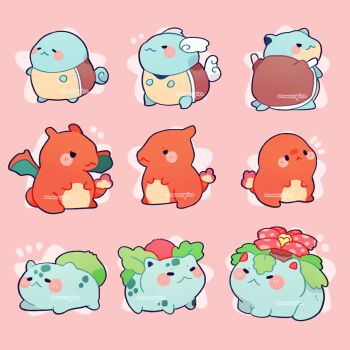 Rule 34 | animal focus, artist name, black eyes, blastoise, blush, blush stickers, bulbasaur, charizard, charmander, charmeleon, chibi, closed eyes, closed mouth, commentary, english commentary, evolutionary line, full body, gen 1 pokemon, highres, ivysaur, munespice, nintendo, no humans, pokemon, pokemon (creature), smile, squirtle, venusaur, wartortle