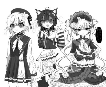 ... ahoge animal_ear_headphones animal_ears bonnet capelet cat_ear_headphones cat_ears commentary_request dress fake_animal_ears flower gloves hair_flower hair_ornament hands_up hat headphones highres lolita_fashion long_hair long_sleeves looking_at_viewer looking_to_the_side mahou_shoujo_no_majo_saiban open_mouth own_hands_together sakuraba_ema sawatari_coco shaded_face sharp_teeth short_hair slit_pupils smile spoilers spoken_ellipsis standing teeth tono_hanna toruriri0718 translation_request tsukishiro_yuki twintails upper_body x_hair_ornament