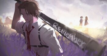 Rule 34 | 1boy, 1girl, brown hair, catherine (project moon), closed mouth, collared shirt, field, flower, flower field, hand up, heathcliff (project moon), kyoro ina, limbus company, long sleeves, necktie, project moon, purple eyes, purple flower, red necktie, scar, scar on arm, scar on face, shirt, upper body, white shirt