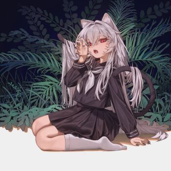1girl animal_ears black_nails black_sailor_collar black_serafuku black_shirt black_skirt black_tail cat_ears cat_girl cat_tail claw_pose commentary crossed_bangs fangs fingernails grey_hair hair_between_eyes hair_flowing_over hair_intakes hand_rest highres long_fingernails long_hair long_sleeves looking_at_viewer multiple_tails nail_polish naruto_maki_(naruto05) neckerchief on_ground open_mouth original plant pleated_skirt red_eyes sailor_collar school_uniform serafuku shirt sidelocks sitting skirt slit_pupils socks solo tail very_long_hair wariza white_neckerchief white_socks