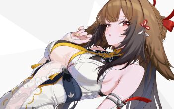 1girl animal_ears armlet bare_shoulders blush breasts brown_hair china_dress chinese_clothes cleavage clover clover_hair_ornament dress droopy_ears hair_intakes hair_ornament hairband hashtag-only_commentary highres horse_ears horse_girl inami_(x_spidekawaii_x) jewelry long_hair looking_at_viewer open_mouth red_eyes silver_armlet solo very_long_hair white_dress white_hairband ye_shunguang zenless_zone_zero