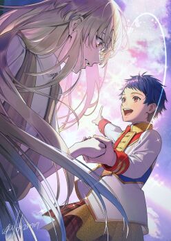 2boys akua blonde_hair blue_hair cloud hashtag-only_commentary highres holding_hands ichijou_shin jacket king_of_prism kisaragi_louis long_hair long_sleeves looking_at_another male_focus multiple_boys open_mouth parted_lips pointing pretty_rhythm pretty_series red_eyes shirt short_hair sky smile sparkle standing white_jacket white_shirt yellow_eyes