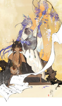 Rule 34 | 2girls, absurdres, arknights, black hair, black hands, calligraphy, calligraphy brush, china dress, chinese clothes, chinese commentary, closed eyes, closed mouth, colored extremities, commentary request, dragon girl, dragon horns, dress, facing to the side, floating hair, flower, highres, holding, holding calligraphy brush, holding paintbrush, horns, instrument, jie (arknights), jun (arknights), long hair, long sleeves, looking at viewer, mei ren, multiple girls, music, orange hair, paintbrush, playing instrument, pointy ears, purple flower, purple hair, purple hands, ruan, short hair, siblings, sisters, sitting, smile, very long hair, white dress, wide sleeves