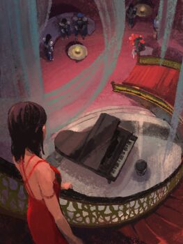 1girl armlet armor bandana bare_shoulders black_hair blue_bandana breasts brown_hair dress final_fantasy final_fantasy_viii from_above highres indoors instrument jewelry julia_heartilly kiros_seagill laguna_loire looking_at_another medium_breasts military_uniform multiple_boys piano red_dress shoulder_armor sitting sleeveless sleeveless_dress spiral_staircase stairs standing torabuzi ward_zabac