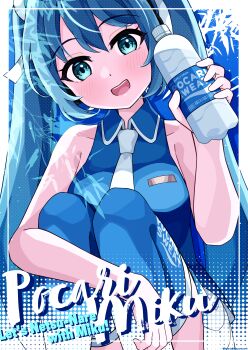Rule 34 | 1girl, absurdres, aqua eyes, aqua hair, blue shirt, blue thighhighs, blush, bottle, breasts, commentary request, hair between eyes, hair ornament, hatsune miku, headphones, highres, holding, holding bottle, long hair, medium breasts, necktie, official alternate costume, official alternate hairstyle, open mouth, pocari sweat, shirt, sleeveless, sleeveless shirt, smile, solo, squatting, sweat, thighhighs, vocaloid, water bottle, white nails, white necktie, zukimikan