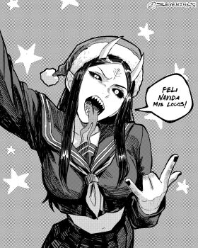 1girl \m/ breasts colored_sclera commentary_request crop_top cropped_shirt demon_girl demon_horns facial_mark forehead_mark forked_tongue greyscale half-closed_eye hat head_tilt highres horns instagram_username large_breasts long_tongue midriff monochrome navel open_mouth original pleated_skirt pointy_ears santa_hat selfie seveninks sharp_teeth skirt solo spanish_commentary spanish_text star_(symbol) teeth tongue translation_request upper_body