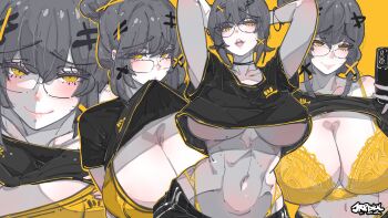 1girl absurdres arms_behind_head artist_name black_choker black_shirt bra breasts choker cleavage closed_mouth commentary double-parted_bangs english_commentary glasses grey_hair hair_between_eyes hair_ornament highres jrpencil large_breasts looking_at_viewer mole mole_on_breast mouth_hold multiple_views navel open_mouth original raised_inner_eyebrows shirt short_hair short_sleeves simple_background smile underwear yellow_background yellow_bra yellow_eyes