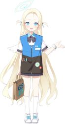 Rule 34 | 1girl, angel wings, bag, black bow, black bowtie, blonde hair, blue archive, blue eyes, blue halo, blush, bow, bowtie, collared shirt, employee uniform, full body, halo, holding, holding bag, long hair, looking at viewer, misyune, official art, open mouth, shirt, shoes, short sleeves, smile, socks, solo, sora (blue archive), transparent background, two side up, uniform, white footwear, white shirt, white socks, white wings, wings