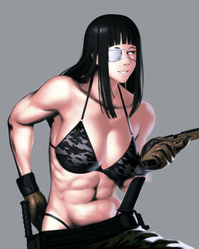 abs absurdres adun_madun bikini black_hair blunt_bangs breasts camouflage camouflage_bikini glock grey_background gun handgun highres holding holding_gun holding_weapon jormungand_(manga) large_breasts long_hair looking_to_the_side magazine_(weapon) muscular muscular_female navel reloading swimsuit weapon