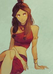 1girl absurdres armlet avatar:_the_last_airbender avatar_legends blue_eyes bracelet brown_hair cropped_shirt crossed_legs dark-skinned_female dark_skin green_background highres jewelry katara leaning_to_the_side looking_to_the_side midriff navel official_alternate_costume parted_bangs pink_lips red_shirt red_skirt shirt signature sitting skirt sleeveless sleeveless_shirt smile solo spindle_(aidenr0)