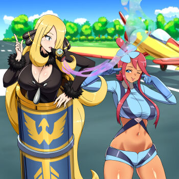 Rule 34 | 2girls, blue gloves, blue jacket, blue shorts, breasts, cleavage, cropped jacket, cynthia (pokemon), female focus, gloves, jacket, large breasts, mega stone, multiple girls, nintendo, pokemon, pokemon black and white, pokemon diamond/pearl/platinum, red hair, shorts, skyla (pokemon), zuchysdraws