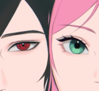 Rule 34 | 1boy, 1girl, black hair, cheek-to-cheek, chromatic aberration, close-up, couple, eyelashes, green eyes, haruno sakura, heads together, hetero, looking at viewer, naruto (series), pink hair, red eyes, sharingan, tenartistt, uchiha sasuke