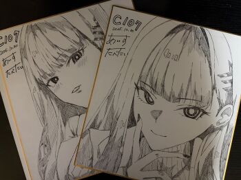 1girl black_hair blue_archive breasts comiket comiket_107 commentary_request dated formal_clothes highres icetabetaaii large_breasts long_hair looking_at_viewer millennium_science_school_logo monochrome nail_polish red_eyes rio_(blue_archive) sketch smile suit sweater