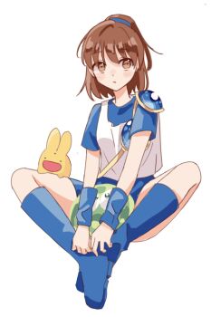 1girl arle_nadja arm_warmers armor blue_boots blue_scrunchie blue_skirt boots breastplate brown_eyes brown_hair carbuncle_(puyopuyo) creature highres looking_to_the_side madou_monogatari minagi_379 ponytail puyo_(puyopuyo) puyopuyo scrunchie shirt short_hair shoulder_armor sitting skirt white_shirt