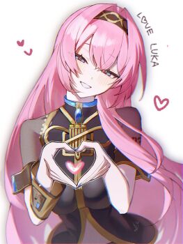 1girl black_vest blue_eyes blush breasts character_name commentary detached_sleeves gold_trim hairband head_tilt heart heart_hands large_breasts long_hair looking_at_viewer megurine_luka parted_lips pink_hair see-through_clothes see-through_shirt shirt shoulder_tattoo simple_background single_detached_sleeve sisopenpen2 smile solo tattoo upper_body vest vocaloid white_background